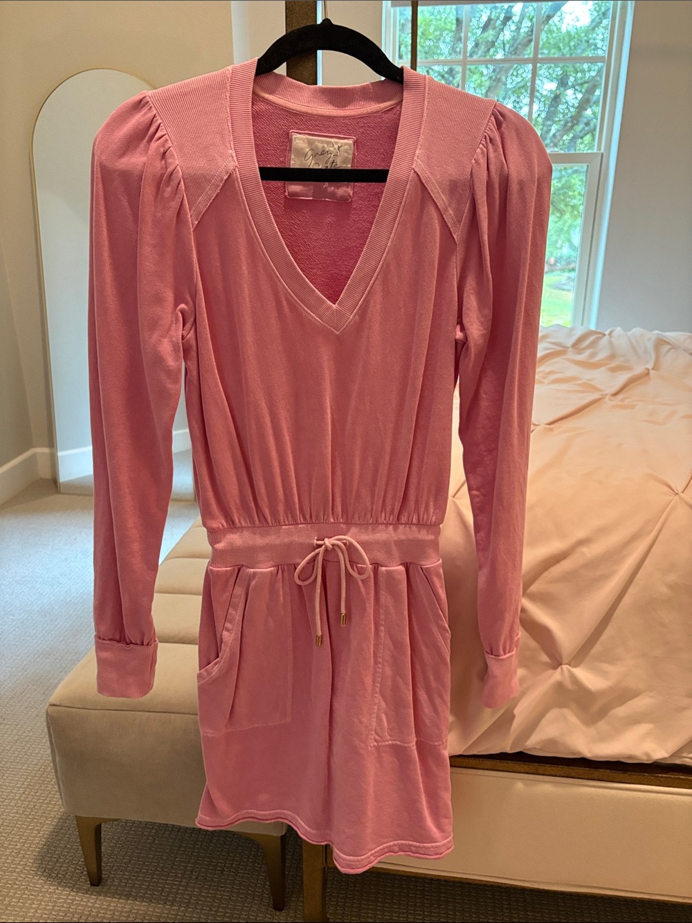 Grey State Pink V-Neck Drawstring Waist Long Sleeve Sleep Dress